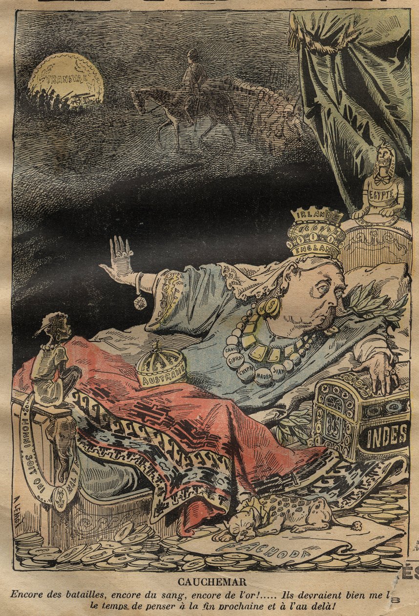 Cartoon on Queen Victoria by Achille Lemot (1846-1909) - 1899 - Nightmare - more battles, more blood, more gold... av Achille Lemot