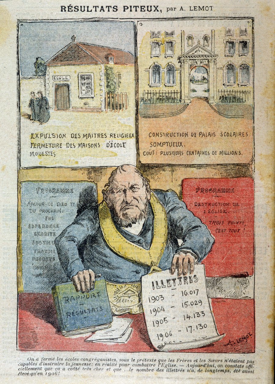 Tegneserie om motsetningen mellom Laic og privat utdanning - av Achile Lemot (1846-1909), i "" Le Pelerin"" av Achille Lemot