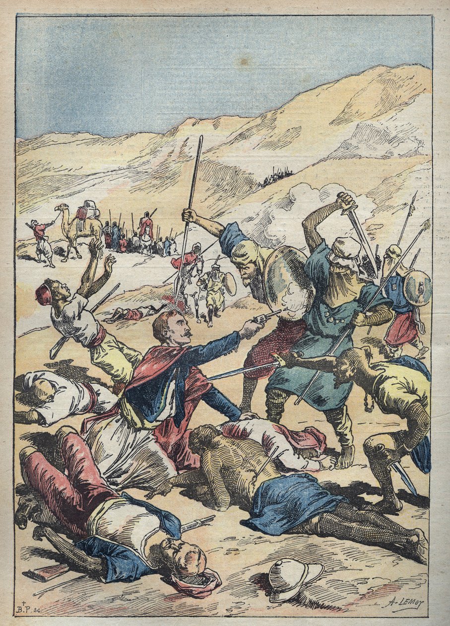 Død av markisen av Mores (Antoine-Amedee-Marie-Vincent) Manca de Vallombrosa (1858-1896) og hans følgesvenner nær El-Ouatia (El Ouatia) i Tunisia i 1896 - Illustrasjon av Achille Lemot i "" Le-Pelerin" " av juni 1896 av Achille Lemot
