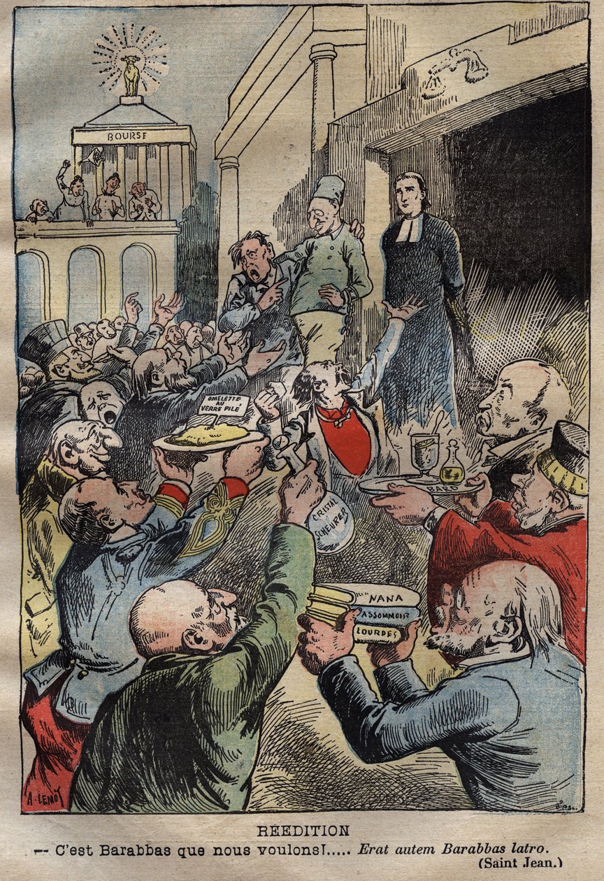 Dreyfus-sak - Gjenutgivelse - Barabbas vi vil ha!... Erat autem Barabbas latro - illustrasjon av Achille Lemot (1846-1909) - 'Revisjon: - Det er Barabbas vi vil ha!' , tegneserie fra 'Le Pelerin', publisert 2. april 1899 av Achille Lemot