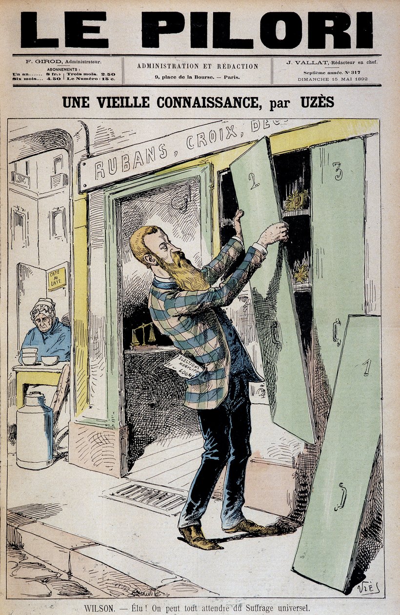 Valgt! Vi kan forvente alt fra allmenn stemmerett (tegneserie om Daniel Wilson reelu depute) - av Uzes (Achille Lemot dit) (1846-1909), i "" Le Pilori"" av 15.05.1892 av Achille Lemot