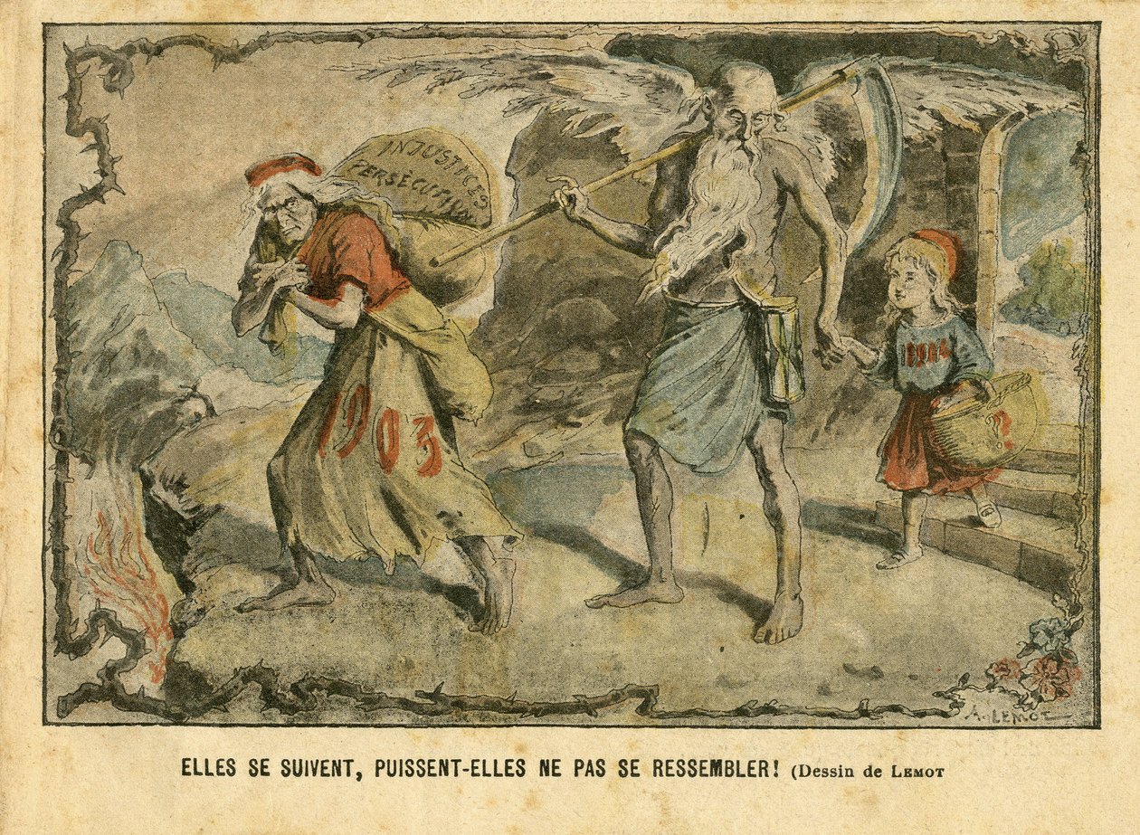 Illustrasjon av Achille Lemot (1846-1909) i Le Pelerin, 03/01/04 - De følger hverandre, må de ikke være like! Urettferdighetsforfølgelser - Barndom, Religion Tro, Tid/Årstider, Nyttår - Marianne, Tid (Allegory of) - Allegori, Opposisjon/Associat av Achille Lemot