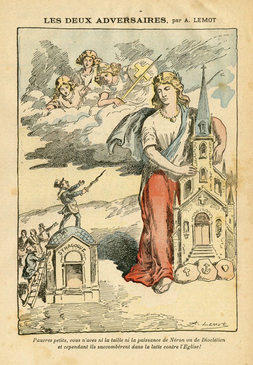 Illustrasjon av Achille Lemot (1846-1909) i Le Pelerin, 09/09/06 - De to motstanderne - Antisemittisme, Religion Tro, Trefarget flagg, katedralkirker, synagoge, katolsk katolisisme - Allegori, skalaendring av Achille Lemot