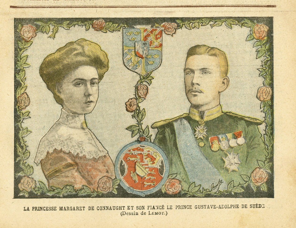Illustrasjon av Achille Lemot (1846-1909) i Le Pelerin, 21/05/05 - Prinsesse Margaret av Connaught og hennes forlovede Prins Gustave-Adolphe av Sverige - Monarki, Medalje, Foreign Sovereign, Sverige - De Connaught Margaret (1882-1920) , Gustave IV Adolphe  av Achille Lemot