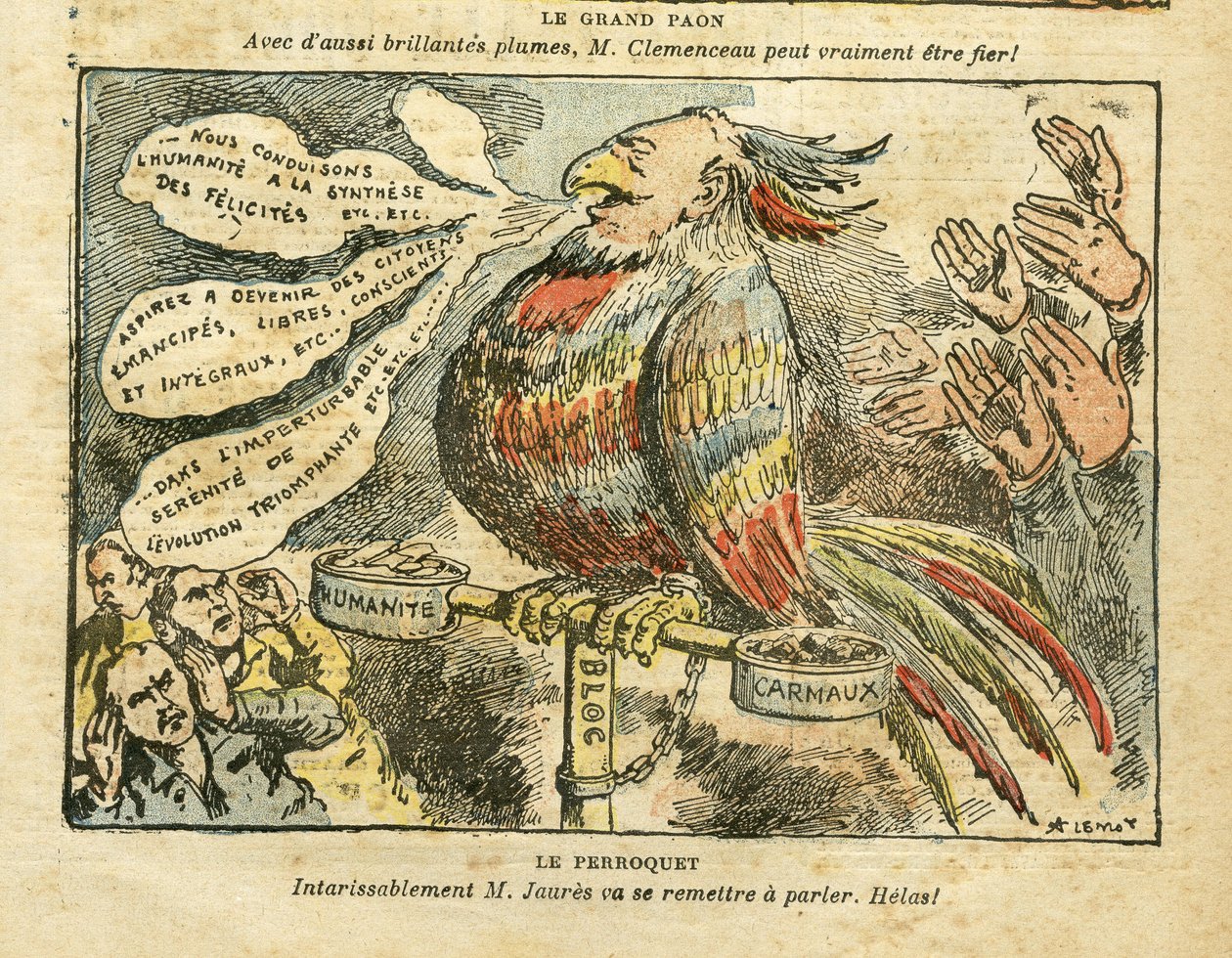 Illustrasjon av Achille Lemot (1846-1909) i Le Pelerin, 26/01/08 - Den store påfuglen - Greve, sosialisme, Carmaux, Humanite (dagbok) - Jaures Jean, Parroquet av Achille Lemot
