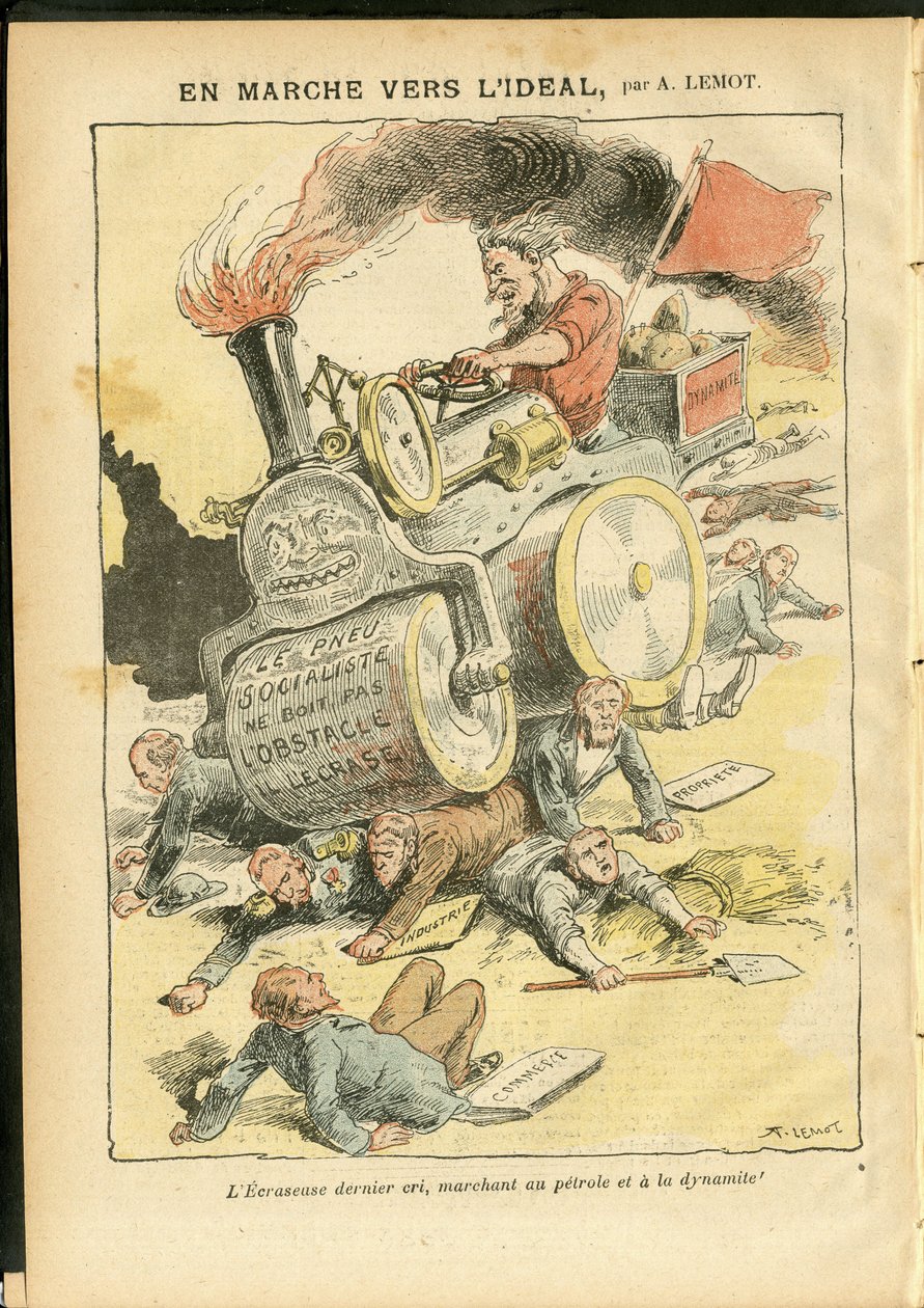 Illustrasjon av Achille Lemot (1846-1909) i Le Pelerin, 27/05/06 - På marsj mot idealet - Sosial, bil, døde lik, revolusjon, rødt flagg, økonomi, sosialisme, pneumatisk, punktering av Achille Lemot