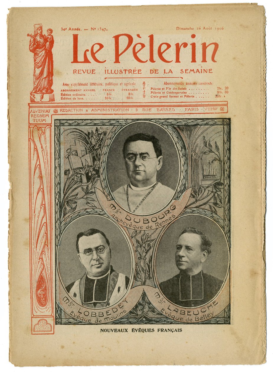 Illustrasjon av Achille Lemot (1846-1909) for omslaget til Le Pelerin, 26/08/06 - New English Eveques - Religion Faith, Catholic Catholicism - Eveques av Achille Lemot