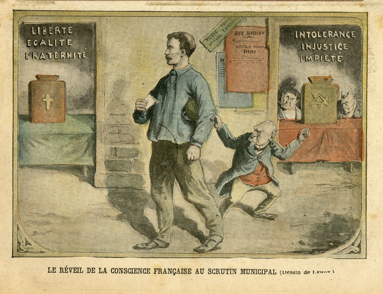 Illustrasjon av Achille Lemot (1846-1909) i Le Pelerin, 01/05/04 - Den franske samvittighetens oppvåkning til den kommunale avstemningen - Valg, Religion Tro, Bloc des lefts, Catholicism Catholique - Laicization Laicite Sekulære lover - Combes Emile ( 1835 av Achille Lemot