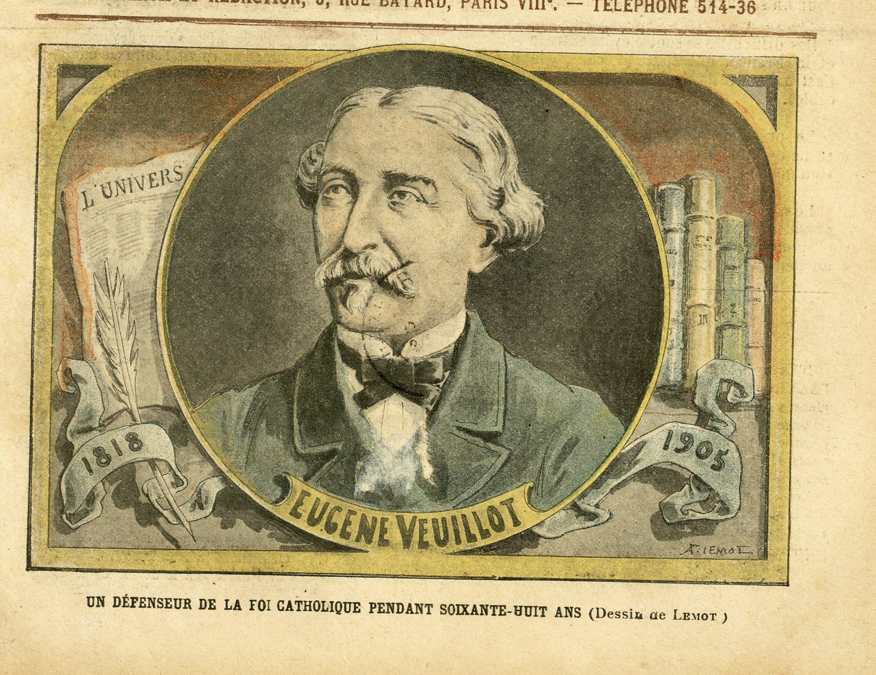 Illustrasjon av Achille Lemot (1846-1909) i Le Pelerin, 01/10/05 - En forsvarer av den katolske troen i sekstiåtte år - Presse/Media, Religion Faith, L'Univers (tidsskrift), katolsk katolisisme - Veuillot Eugene (1818–1905) av Achille Lemot