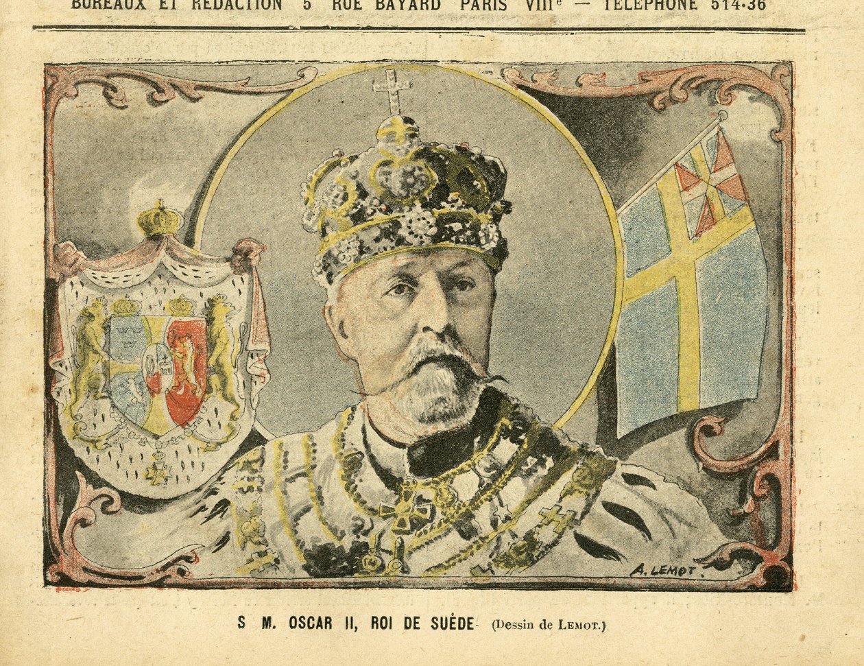 Illustrasjon av Achille Lemot (1846-1909) i Le Pelerin, 02/07/05 - Hans Majestet Oscar II, konge av Sverige - Monarki, Sverige - Oscar II av Achille Lemot