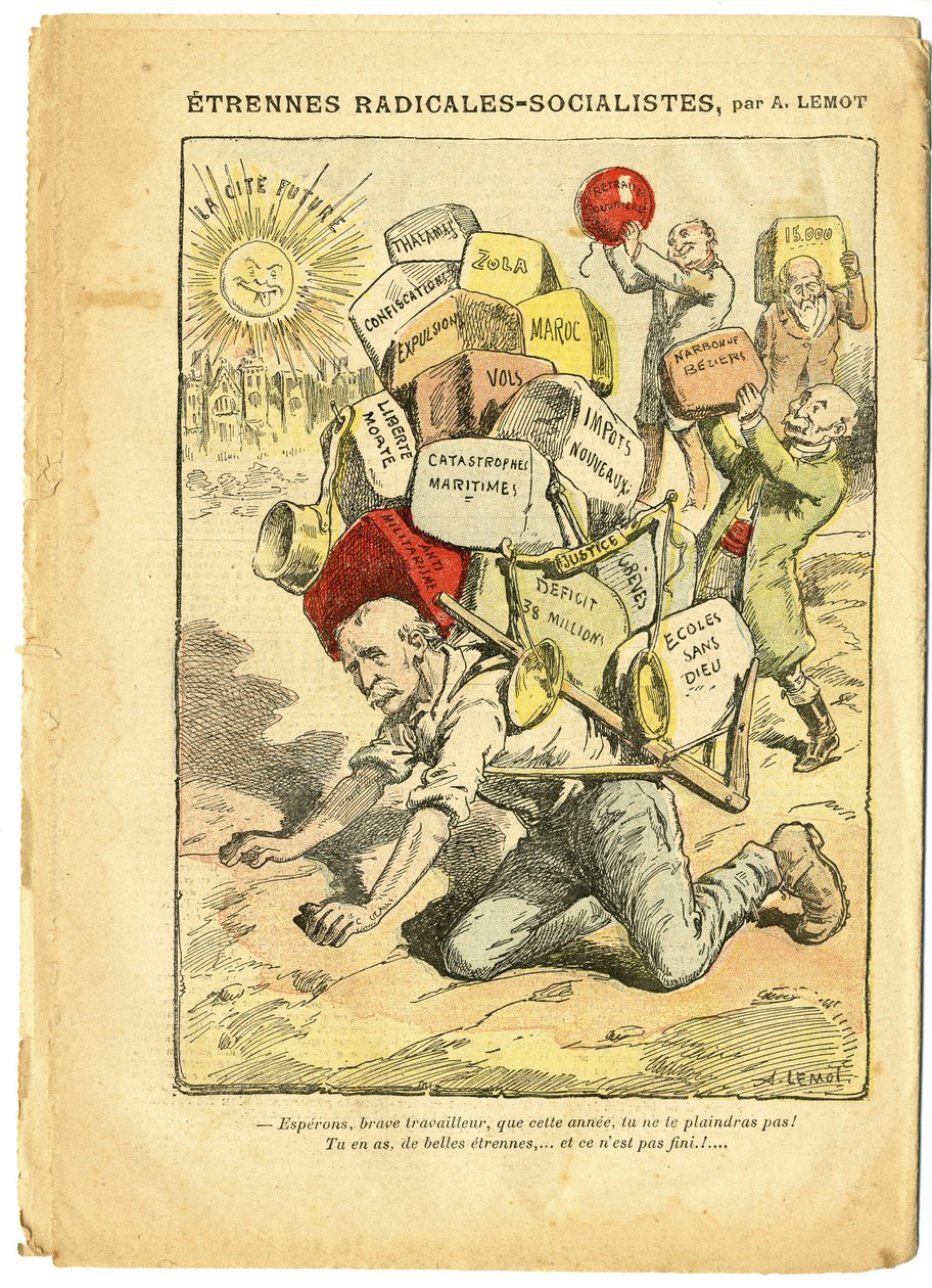 Illustrasjon av Achille Lemot (1846-1909) i Le Pelerin, 03/01/09 - Radikal-sosialistiske strenger - Radikalisme, undervisning, Religion Tro, Marokko, ateisme, radikale og radikal-sosialistiske parti, katolsk katolisisme - Laicization Laicite Laiques - Clem av Achille Lemot