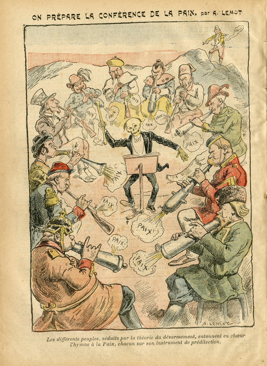 Illustrasjon av Achille Lemot (1846-1909) i Le Pelerin, 03/02/07 - Forbereder fredskonferansen - Russland, Tyskland Preussen, Asia, Musikk, Amerika USA USA, England Storbritannia, Øst, Europa, Italia, Kina, Kanoner , skjell, Fred, Dans, Frankrike, Nedrustn av Achille Lemot