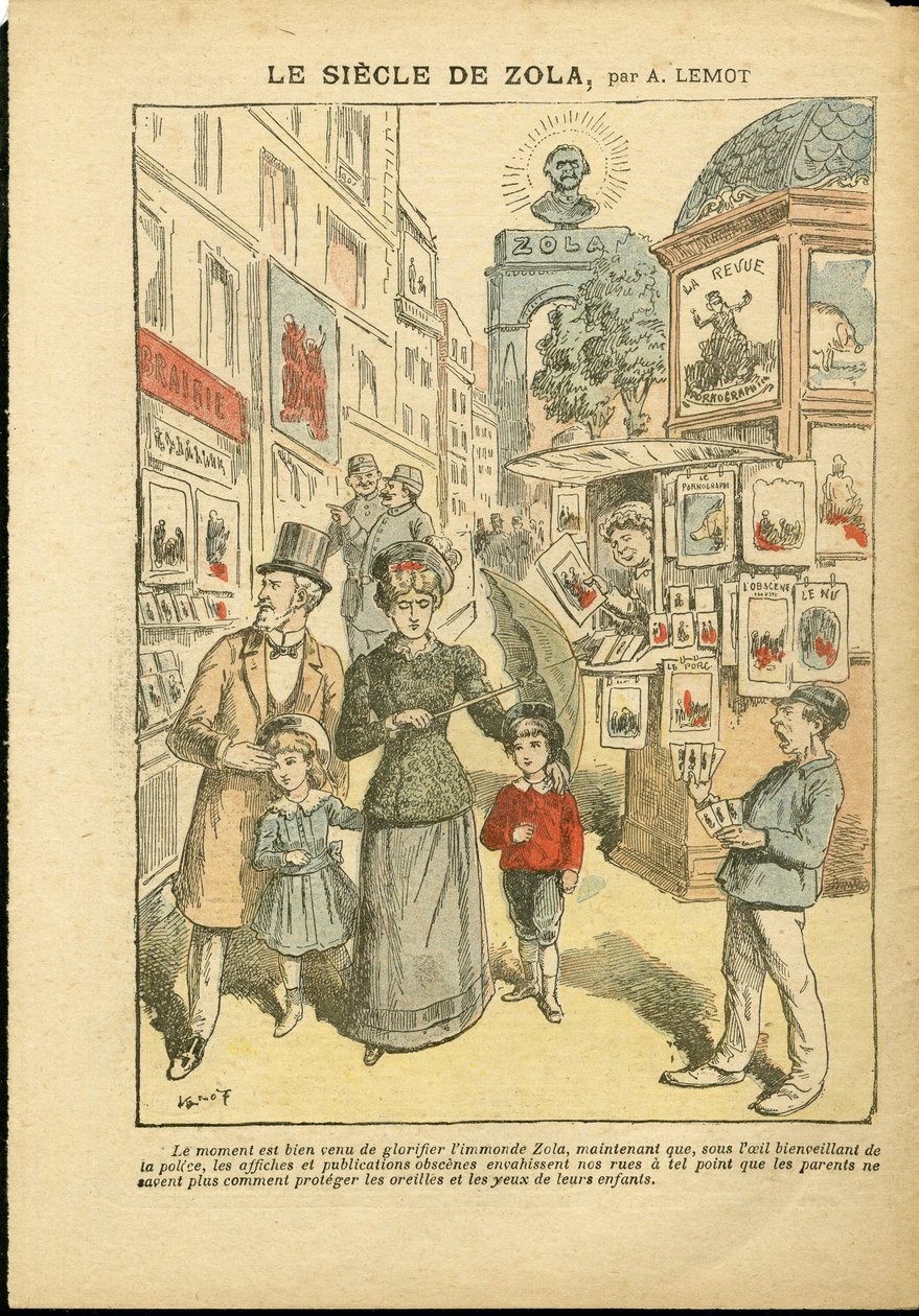 Illustrasjon av Achille Lemot (1846-1909) i Le Pelerin, 03/05/08 - Zolas århundre - Religion Tro, familie, pornografi, aviskiosker, katolsk katolisisme, Rue alley - Zola Emile av Achille Lemot