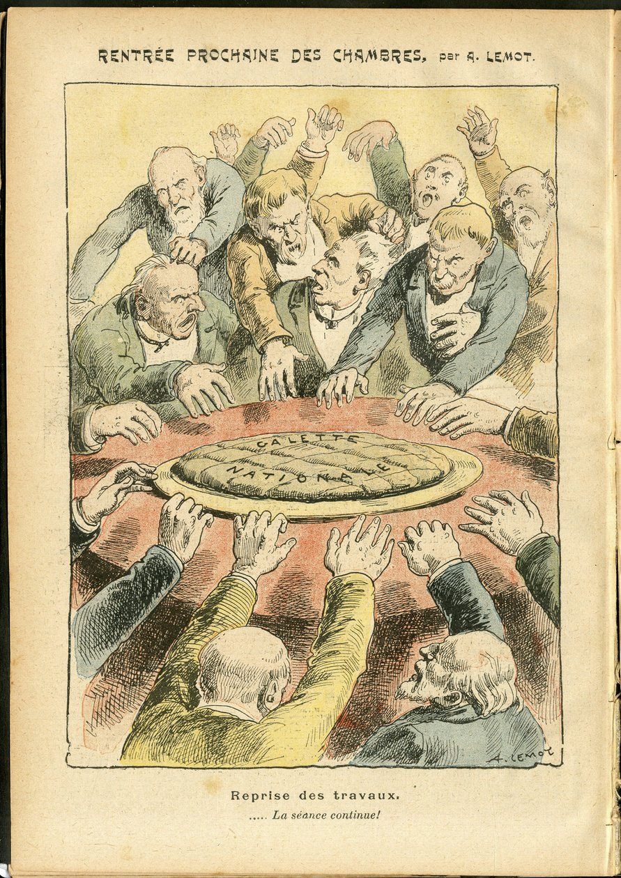 Illustrasjon av Achille Lemot (1846-1909) i Le Pelerin, 03/06/06 - Neste utleie av kamrene - Antiparlamentarisme, Chamber of Deputes Hemicycle, Galette des rois - Depute av Achille Lemot