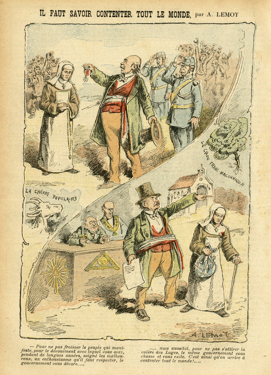 Illustrasjon av Achille Lemot (1846-1909) i Le Pelerin, 03/09/05 - Du må vite hvordan du skal tilfredsstille alle - Antiklerikalisme, Antimakonisme Frigjøring, Religion Tro, Medalje, Bloc des lefts, Katolsk katolisisme - Utkastelser av religiøse, Laicizati av Achille Lemot