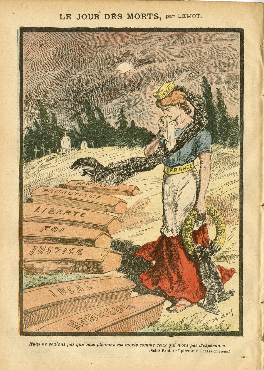 Illustrasjon av Achille Lemot (1846-1909) i Le Pelerin, 03/11/07 - The Day of the Dead - Justice Proces, Religion Faith, Liberte, Frankrike, Trefarget flagg, Patriotisme, Mourning Obseque Funeral, Honour, Casket - Marianne - Døden, religiøs metafor av Achille Lemot