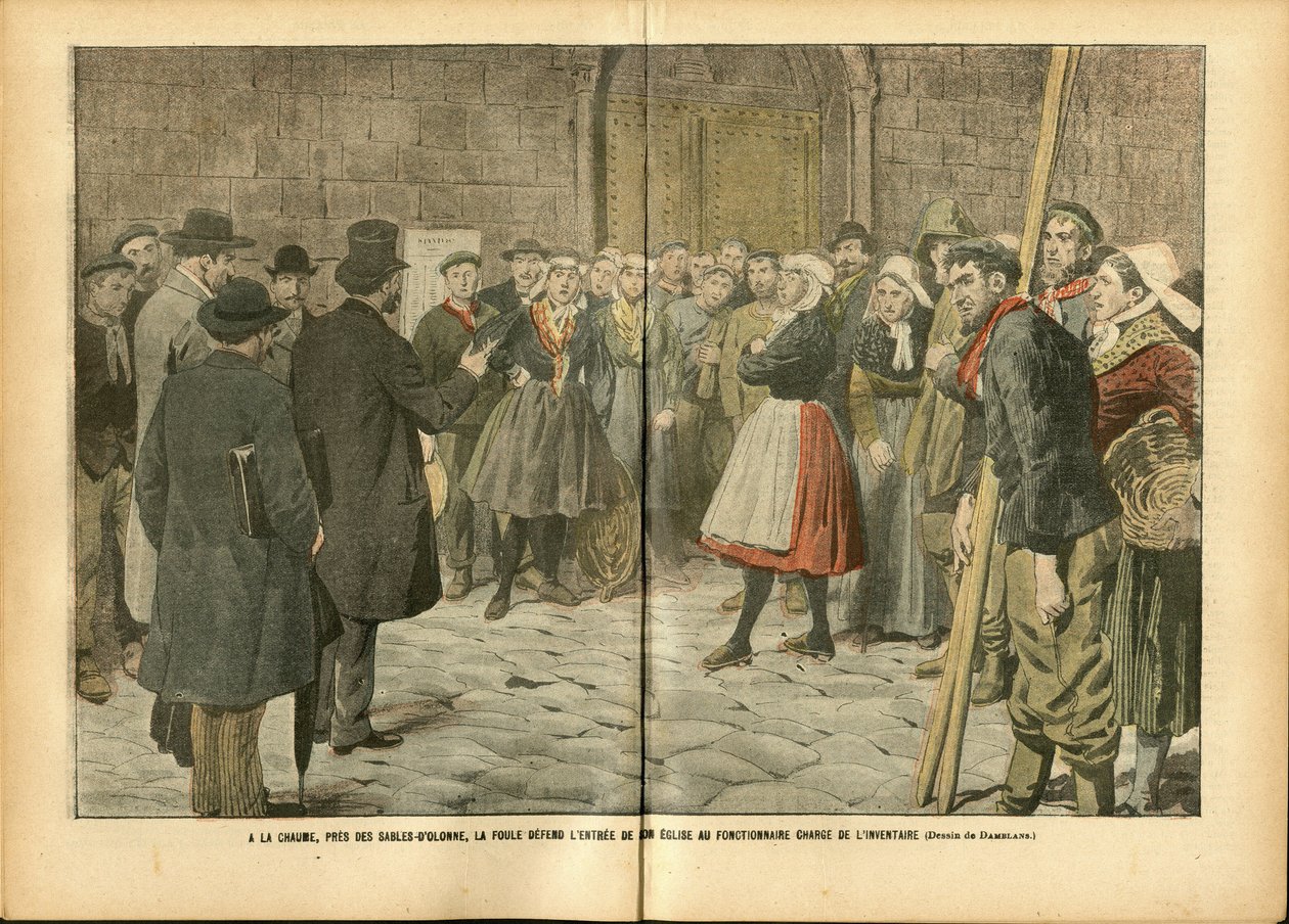 Illustrasjon av Achille Lemot (1846-1909) i Le Pelerin, 04/02/06 - Religion Tro, folkemengde, kirker katedraler, katolsk katolisisme - skille mellom kirke og stat, inventar/reaksjoner på inventar av Achille Lemot