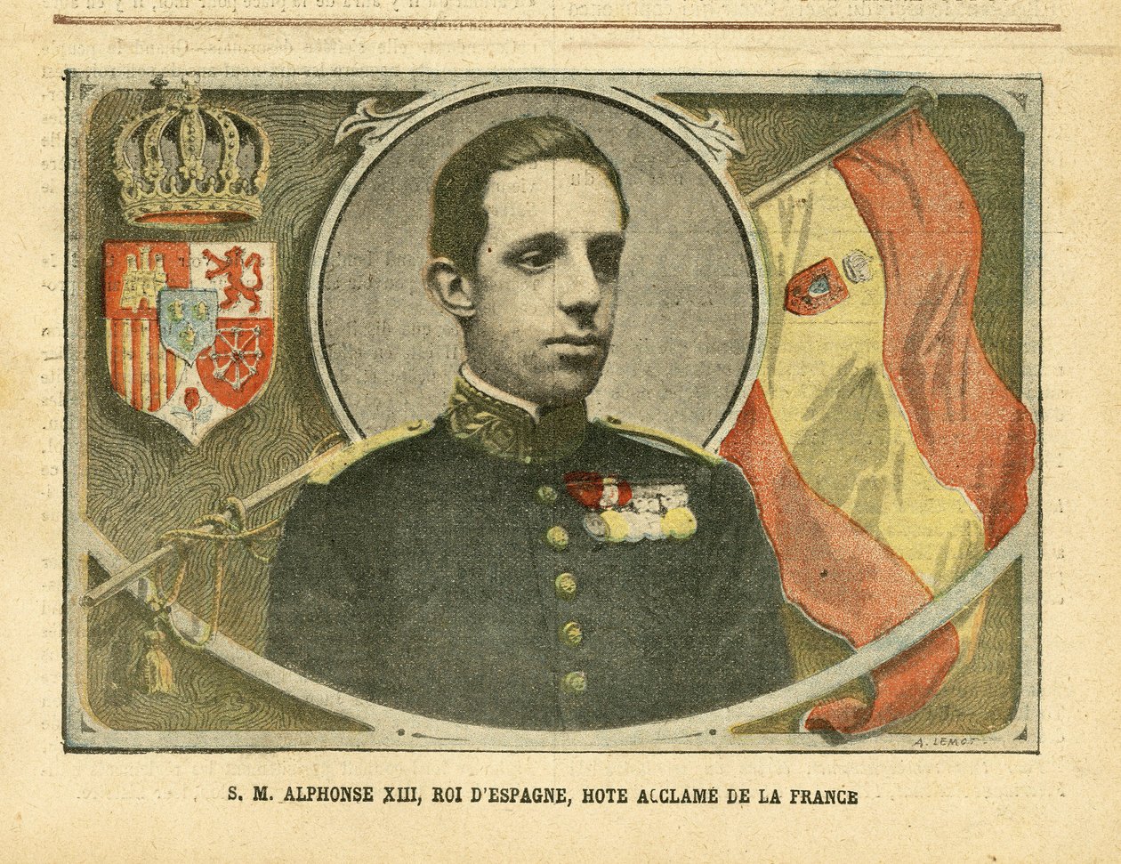 Illustrasjon av Achille Lemot (1846-1909) i Le Pelerin, 04/06/05 - Hans Majestet Alfonso XIII, konge av Spania, Hote Acclame of France - Spania, Monarki, Flagg, Utenlandsk suveren - Alfonso XIII av Achille Lemot