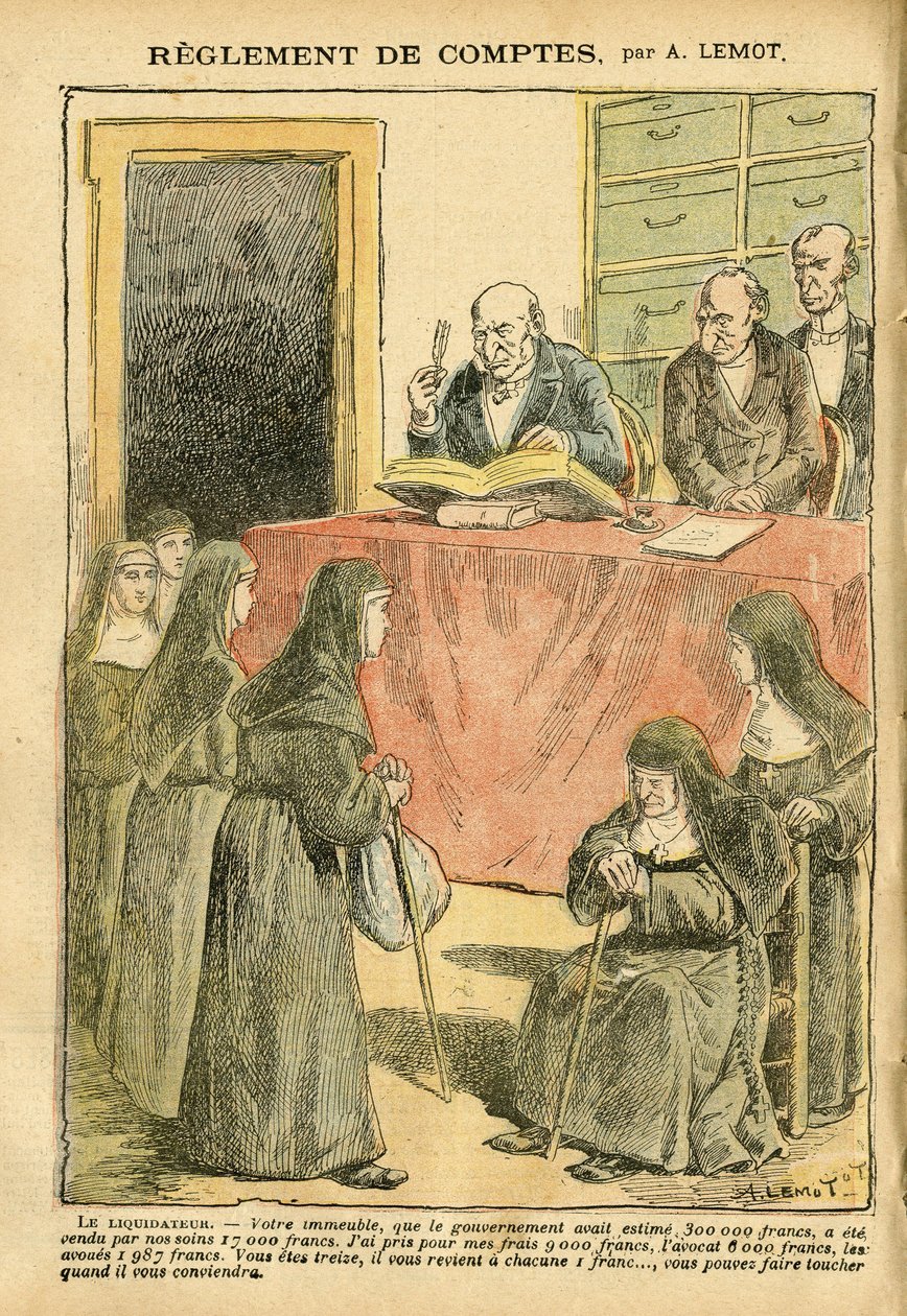 Illustrasjon av Achille Lemot (1846-1909) i Le Pelerin, 04/08/07 - Regulering av kontoer - Antisemittisme, Religion Tro, katolsk katolisisme - Separasjon av kirke og stat, inventar/reaksjoner på inventar - Nonner søstre gode søstre av Achille Lemot