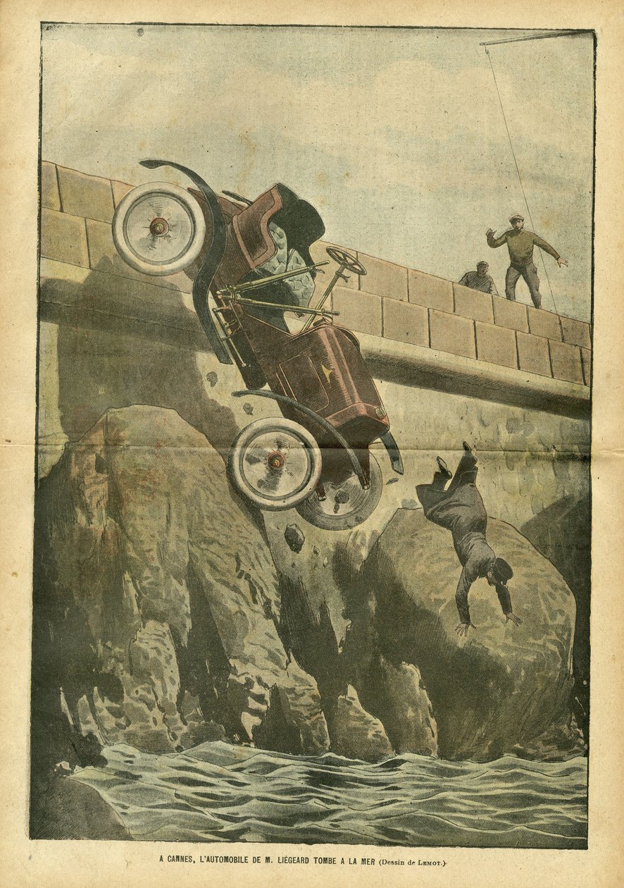Illustrasjon av Achille Lemot (1846-1909) i Le Pelerin, 05/05/07 - I Cannes faller herr Liegards bil til sjøen - Diverse fakta, Bilindustri, Marine Marine Seaside, Ulykker Katastrofer av Achille Lemot