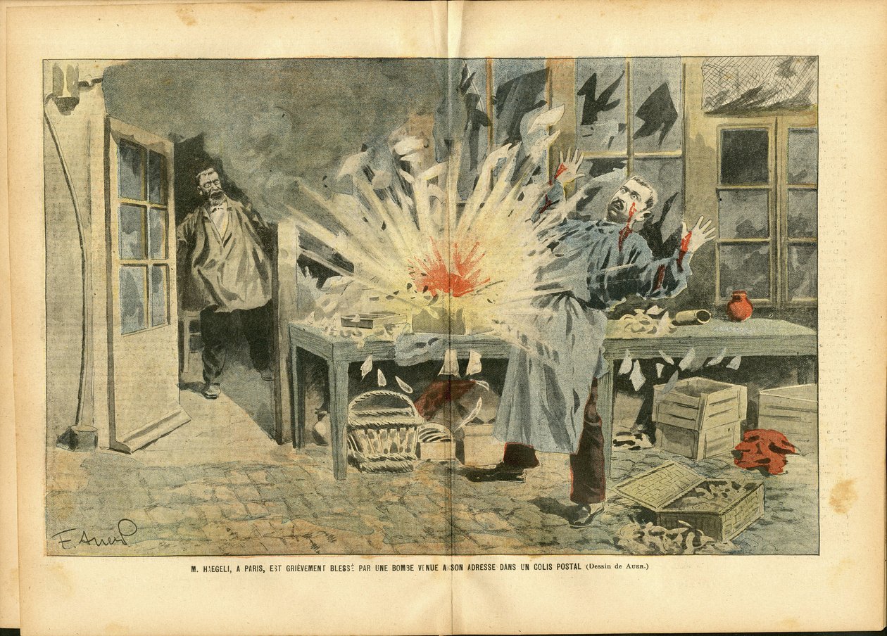 Illustrasjon av Achille Lemot (1846-1909) i Le Pelerin, 05.08.06 - Courier La Poste, Bomb - Postal Factor av Achille Lemot