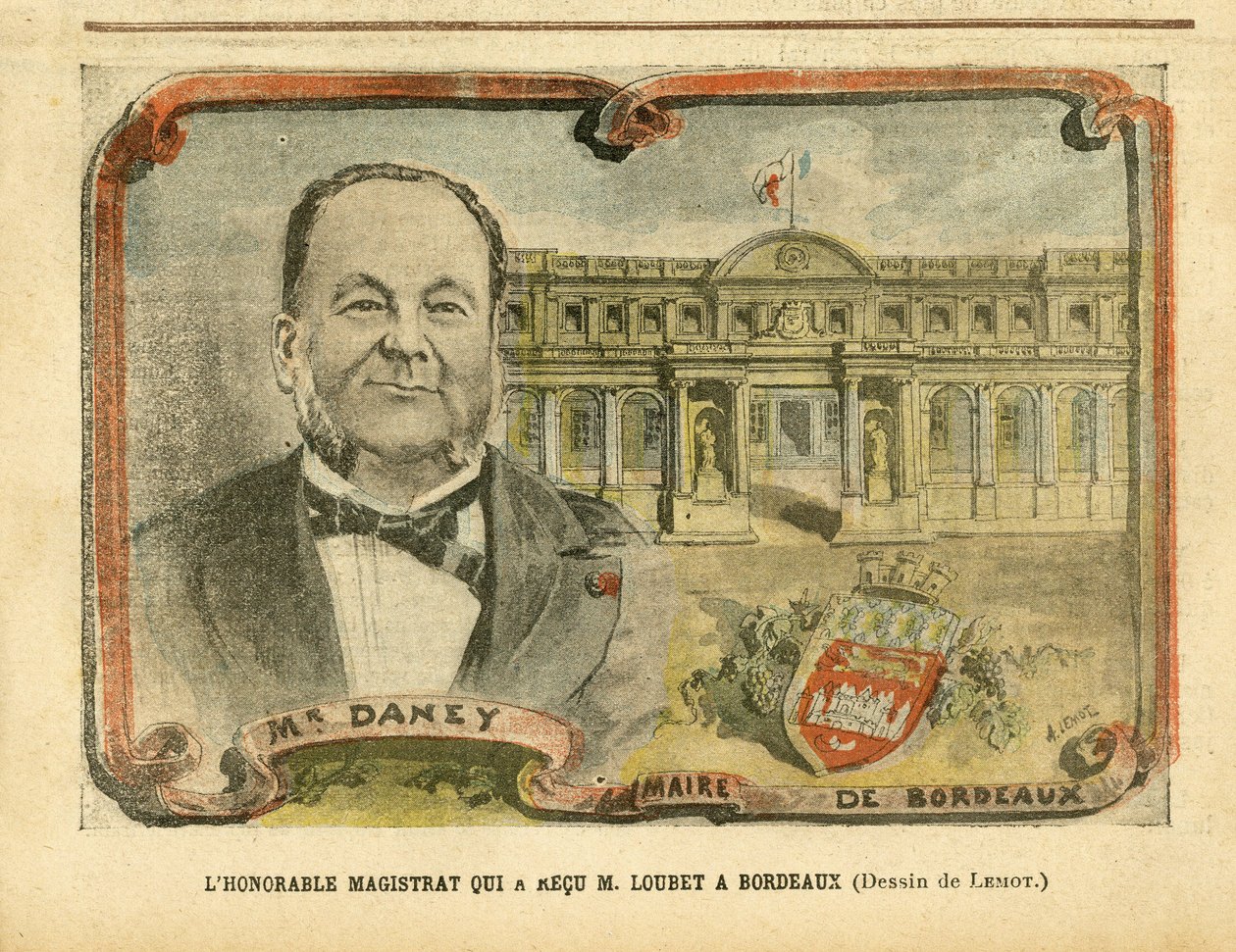 Illustrasjon av Achille Lemot (1846-1909) i Le Pelerin, 07/05/05 - Den ærede sorenskriveren som mottok M. Loubet i Bordeaux - Architecture Urbanisme, republikkens president, Bordeaux - Borgermester, Daney Alfred (1832-1911) av Achille Lemot