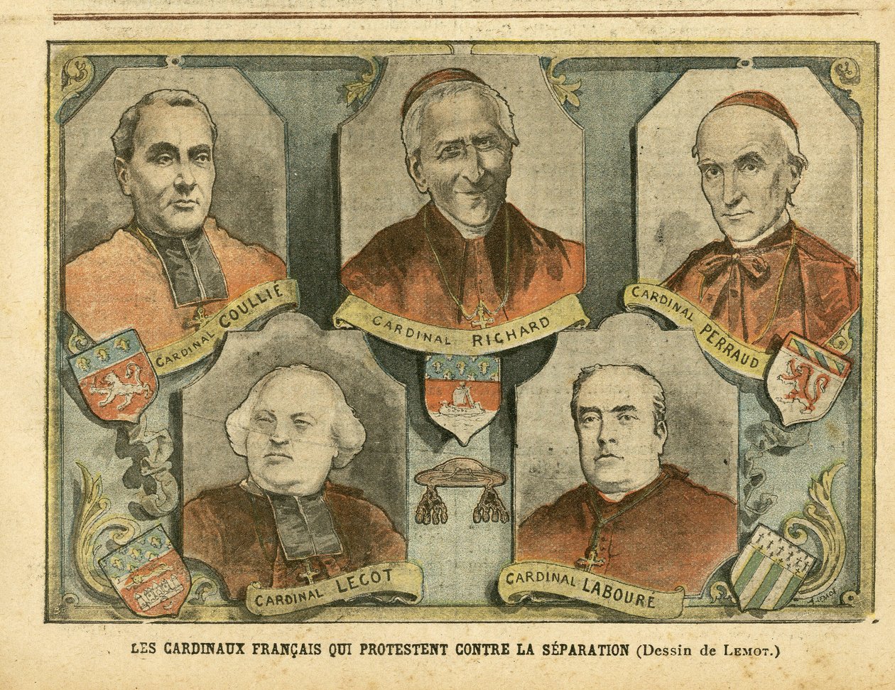 Illustrasjon av Achille Lemot (1846-1909) i Le Pelerin, 09/04/05 - Franske kardinaler som protesterer mot separasjon - Religion Tro, katolsk katolisisme - Separasjon av kirke og stat - Richard Mgr (1819-1908), Perraud Cardinal (1828) -1906), Lecot Cardi av Achille Lemot