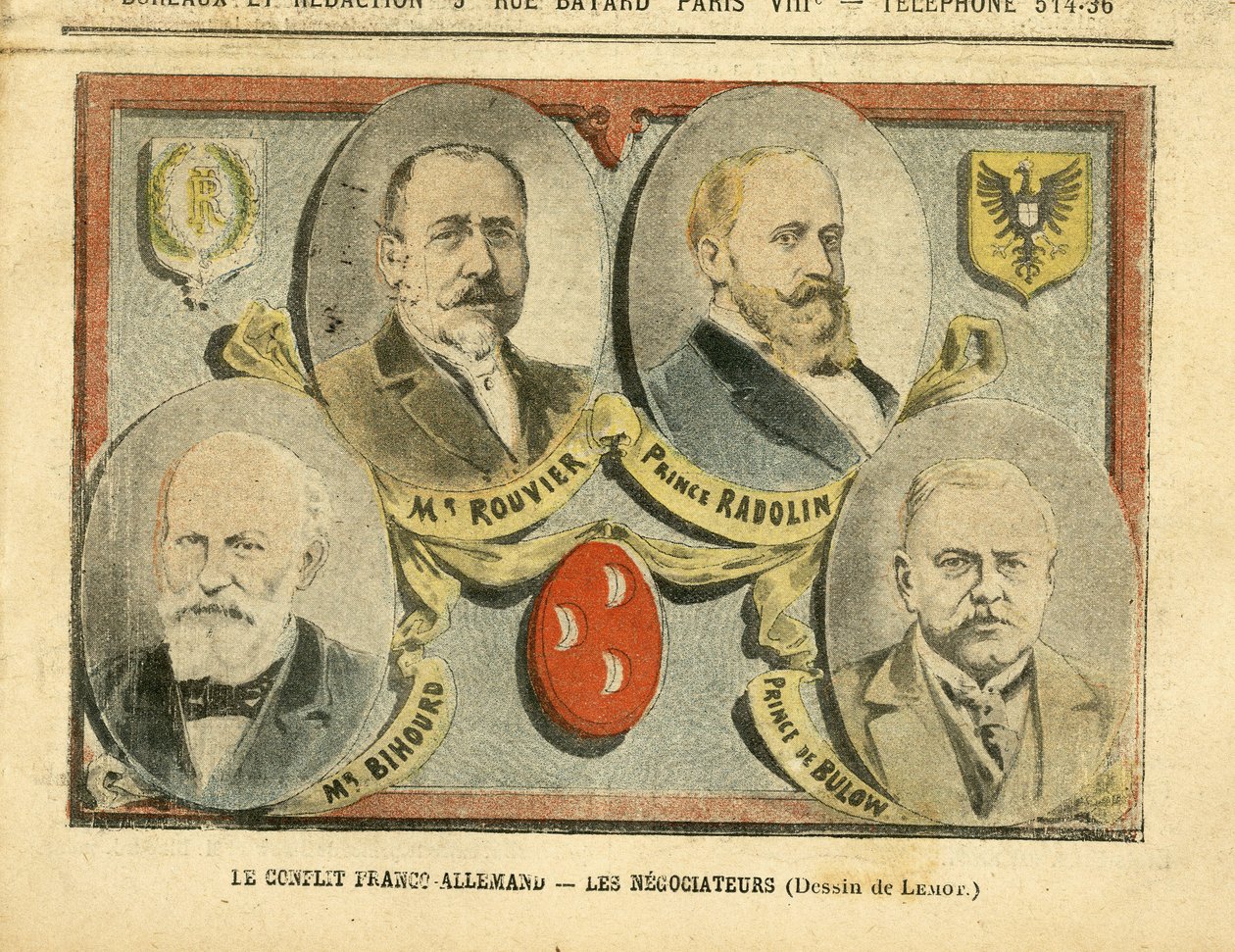 Illustrasjon av Achille Lemot (1846-1909) i Le Pelerin, 09/07/05 - Den fransk-tyske konflikten forhandlerne - Kolonisering Kolonialisme Kolonier, Tyskland Preussen, Marokko, Frankrike, Tanger - Rouvier Maurice (1842-1911), Bulow Bernhard von (1849-1929), R av Achille Lemot