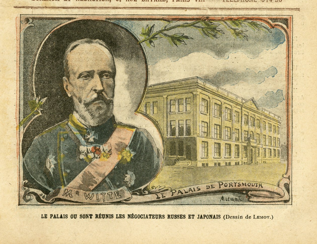 Illustrasjon av Achille Lemot (1846-1909) i Le Pelerin, 20/08/05 - Palasset hvor russiske og japanske forhandlere gjenforenes - Russland, Japan, den russisk-japanske krigen, Portsmouth - Witte Serge (1849-1915) av Achille Lemot