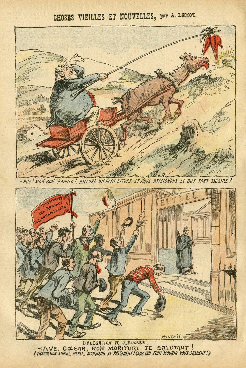 Illustrasjon av Achille Lemot (1846-1909) i Le Pelerin, 20/10/07 - gamle og nye ting - Elysee, Socialism, Ministere - Jaures Jean, Ane - Portfolio av Achille Lemot