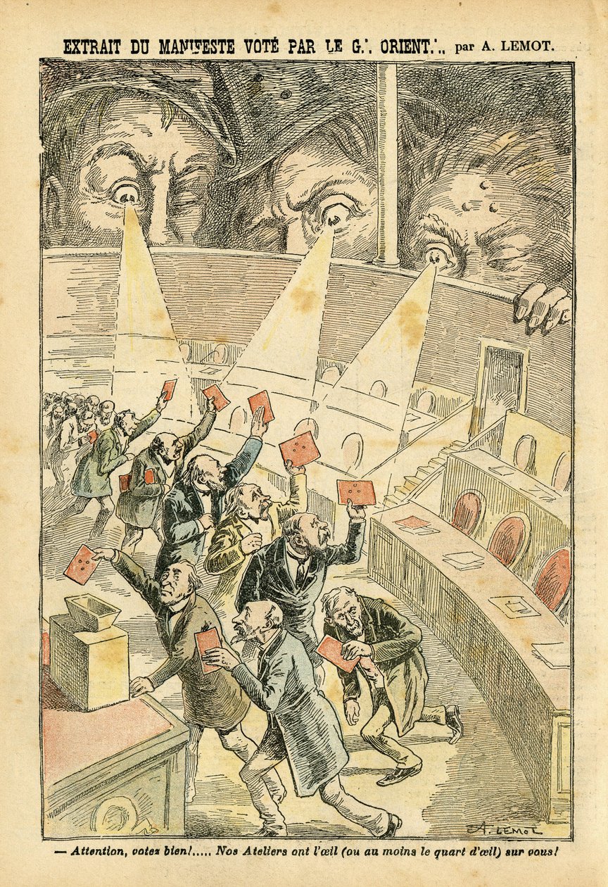 Illustrasjon av Achille Lemot (1846-1909) i Le Pelerin, 20/11/04 - Utdrag fra manifestavstemningen fra Great Orient - Antimaconism Freemaking, Great Orient of France - Urne av Achille Lemot