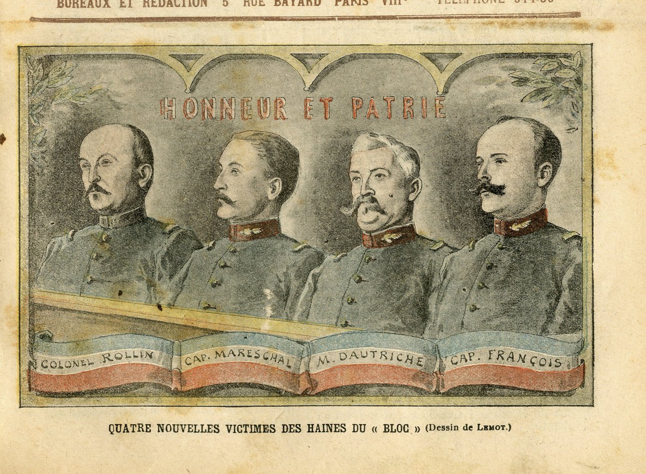 Illustrasjon av Achille Lemot (1846-1909) i Le Pelerin, 20/11/04 - Fire nye ofre for blokkhat - Armee, Fiche-affære, Patriotisme - Rollin-oberst, Mareschal-kaptein, Dautriche, Francois-kaptein av Achille Lemot
