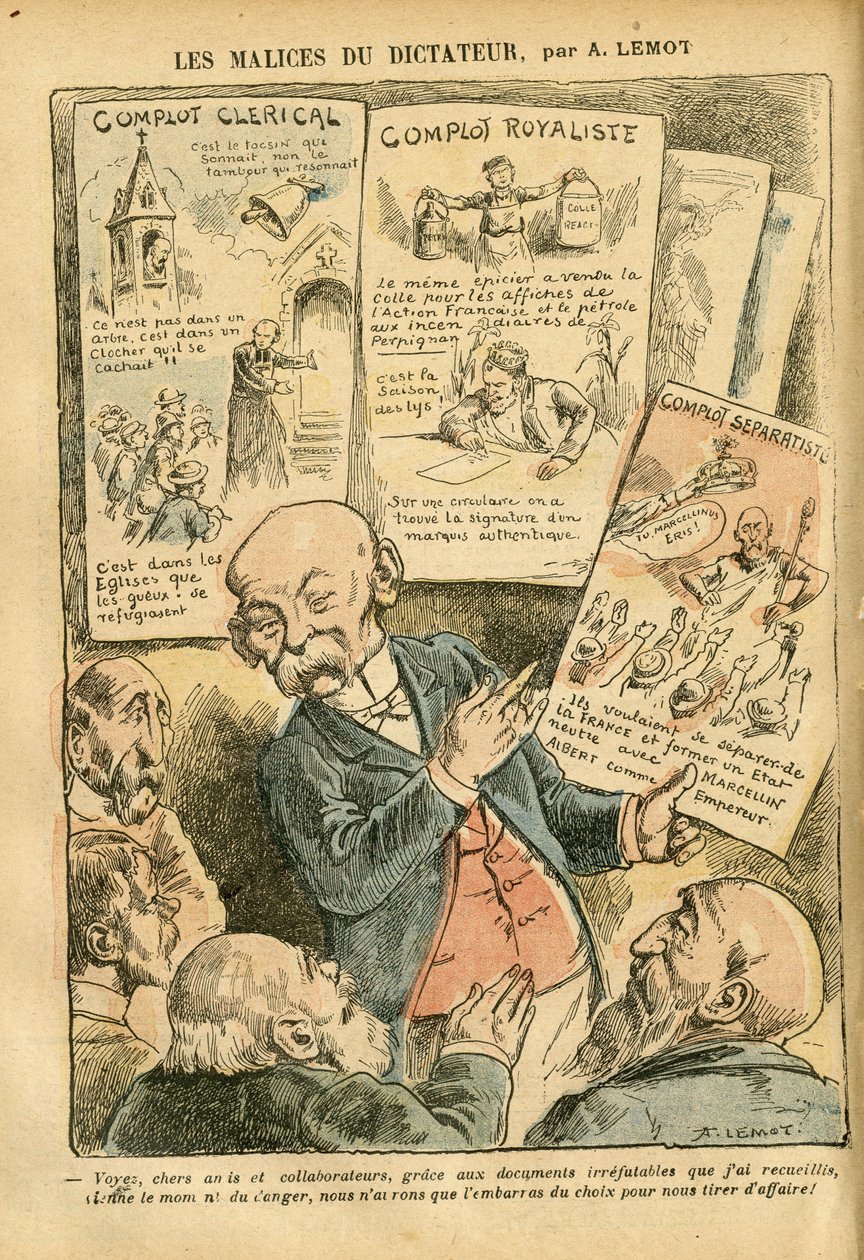 Illustrasjon av Achille Lemot (1846-1909) i Le Pelerin, 21/07/07 - The Malices of the Dictator Clerical Conspiracy Royalist Conspiracy Separatist Conspiracy - Royalisme, Religion Tro, Venstreblokk, Katolsk Katolisisme - Clemenceau George av Achille Lemot