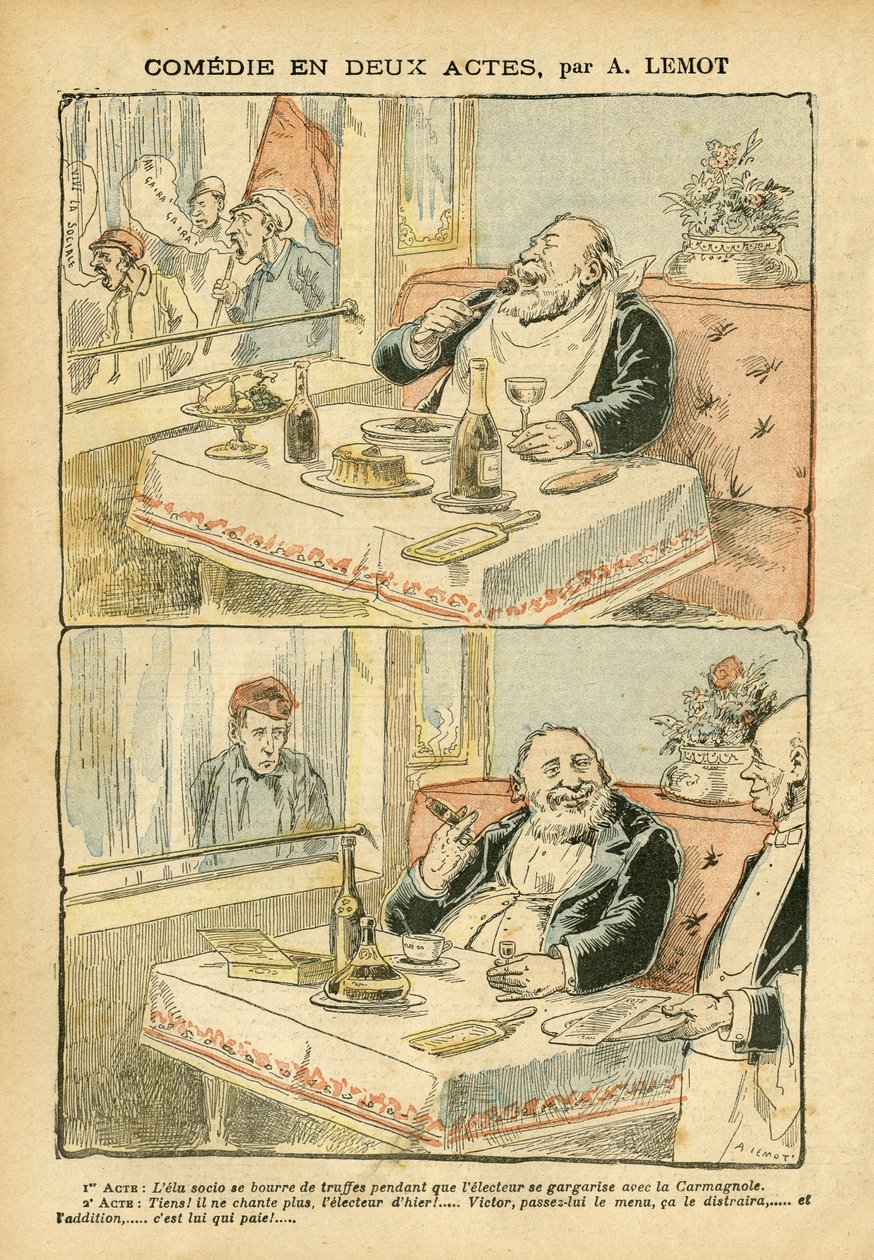 Illustrasjon av Achille Lemot (1846-1909) i Le Pelerin, 22/05/04 - Komedie i to akter - Restaurantkafeer, Gastronomisk matlaging, Sosialisme - Boys de cafe, Trøffel - Fett/mager av Achille Lemot