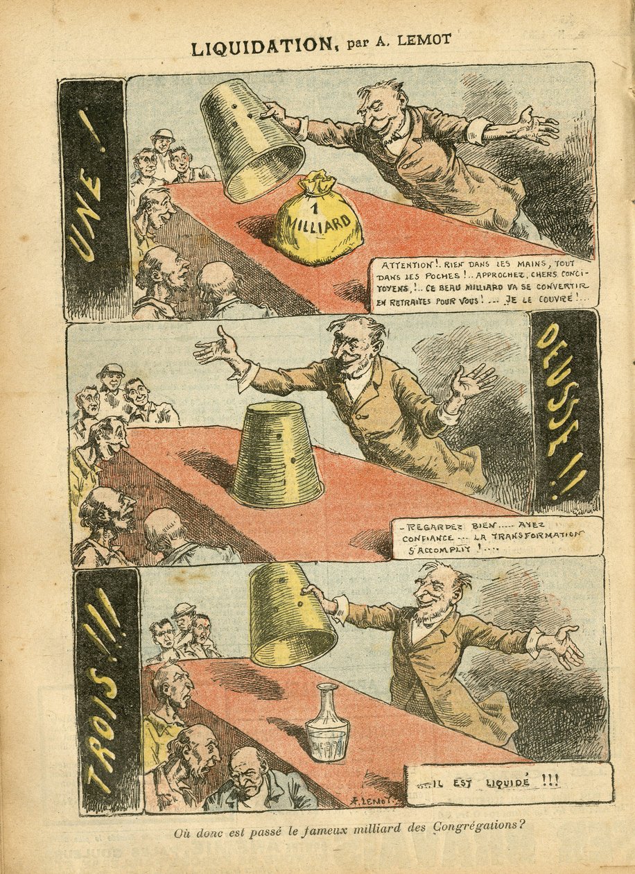 Illustrasjon av Achille Lemot (1846-1909) i Le Pelerin, 23/06/07 - Likvidering - Spill, Religion Tro, Sølv, katolsk katolisisme - Milliard av kongregasjoner - Honneteau av Achille Lemot