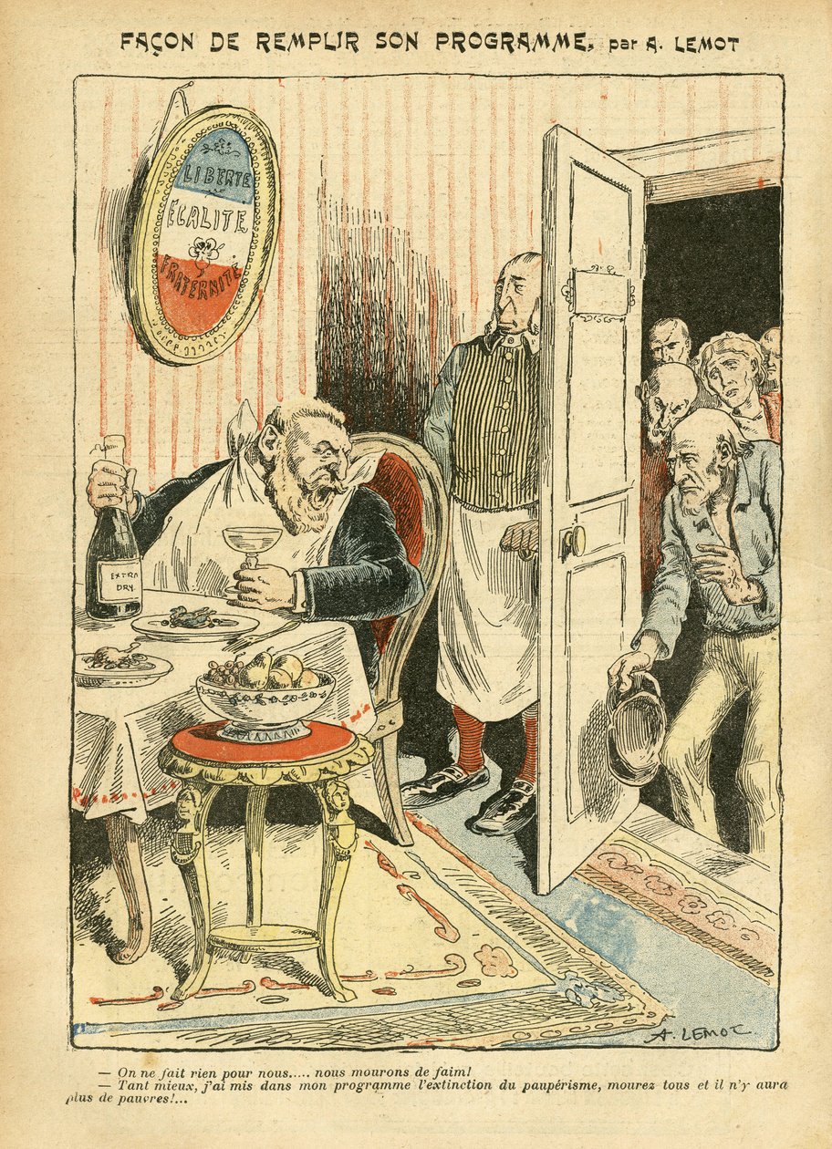 Illustrasjon av Achille Lemot (1846-1909) i Le Pelerin, 23/07/05 - Hvordan oppfylle programmet hans - Sosial, Misere, Gastronomisk kokk, Sosialisme - Jaures Jean, Depute, Homemans - Matmetafor, Opposisjon/forening av Achille Lemot