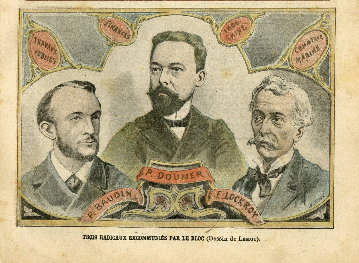 Illustrasjon av Achille Lemot (1846-1909) i Le Pelerin, 23/10/04 - Tre radikale ekskommuner av blokken - Budget Finances, President of Republic, Maritime Marine Nautique Balneaire, Bloc des lefts, Indokine, Works publics - Doumer Paul (1857–1932), av Achille Lemot