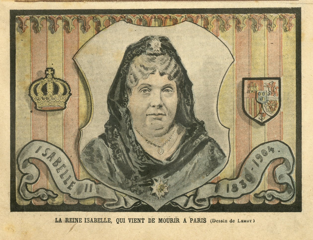 Illustrasjon av Achille Lemot (1846-1909) i Le Pelerin, 24/04/04 - Dronning Isabelle, som nettopp døde i Paris - Paris, Spania, monarkiet, utenlandsk suveren - Isabella II av Spania (1830-1904) av Achille Lemot