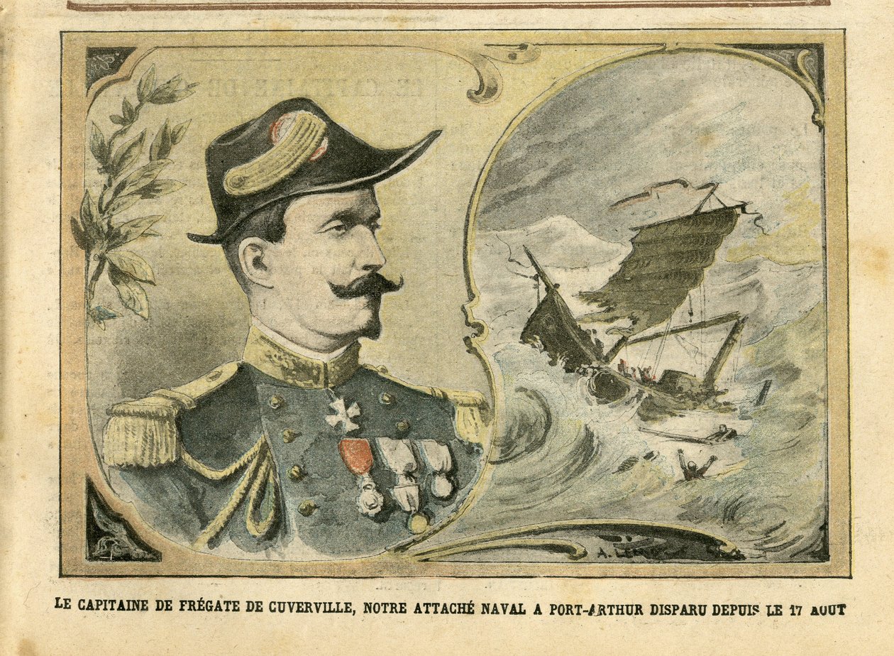 Illustrasjon av Achille Lemot (1846-1909) i Le Pelerin, 25/09/04 - Kapteinen på fregatten i Cuverville, vår marinetilknytning til Port-Arthur forsvant siden 17. august - Armee, Maritime Marine Nautique Balneaire, Port-Arthur, Naufrage - De Cuverville av Achille Lemot