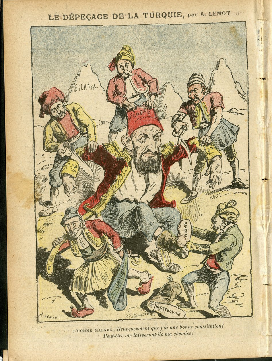 Illustrasjon av Achille Lemot (1846-1909) i Le Pelerin, 25/10/08 - Tyrkias depecage - Tyrkia, Religion Faith, Balkan, Bulgaria, Bosnia Herzegovine, Kreta, katolsk katolisisme - Abdul-Hamid II (1842-1918) av Achille Lemot