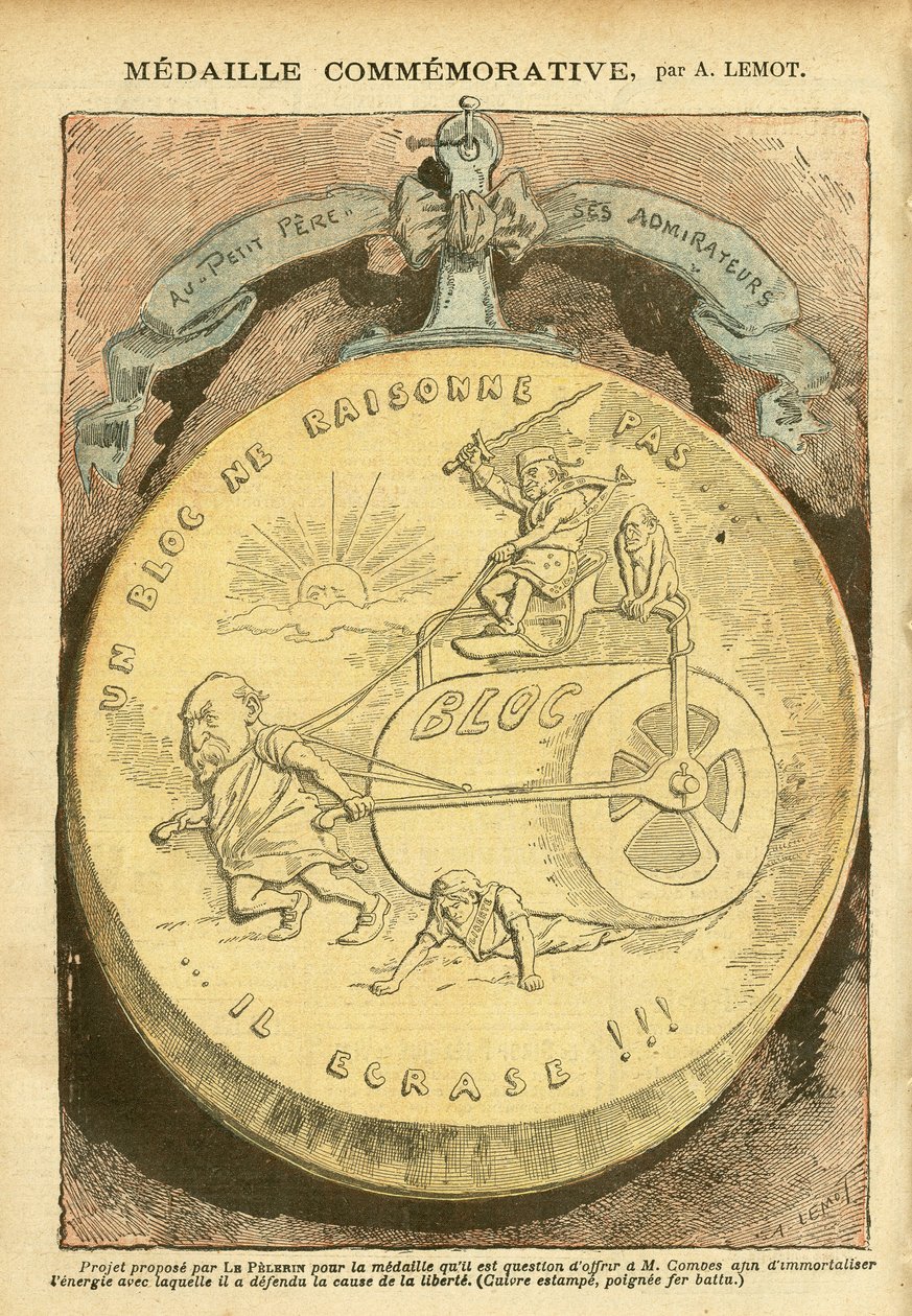 Illustrasjon av Achille Lemot (1846-1909) i Le Pelerin, 26.02.05 - Minnemedalje - Antimakonisme Freemaking, Kortetui, venstre blokk - Combes Emile (1835-1921), Marianne - Gryte av Achille Lemot