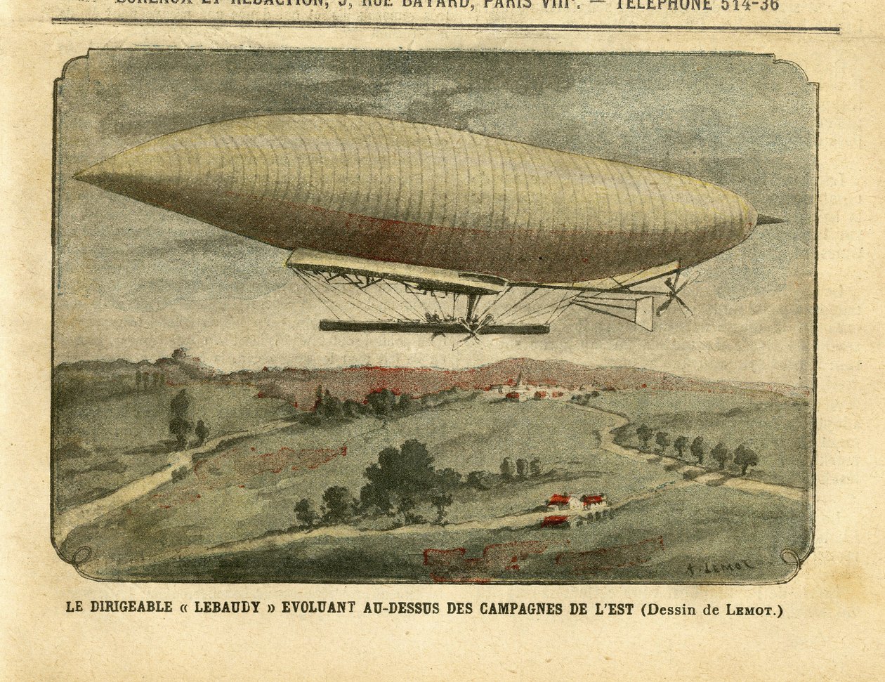 Illustrasjon av Achille Lemot (1846-1909) i Le Pelerin, 26/11/05 - Luftskipet "" Lebaudy"" utvikler seg over det østlige landskapet - Kampanje, Ballonger luftskip zeppelinere aerostation, Lebaudy av Achille Lemot
