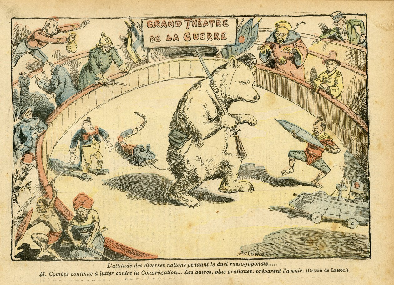 Illustrasjon av Achille Lemot (1846-1909) i Le Pelerin, 28/02/04 - Holdningen til forskjellige nasjoner... - Russland, russisk-japansk krig - Combes Emile, Bear, Fair Bear - Animalisering, Karneval/Spill/Sirkus av Achille Lemot