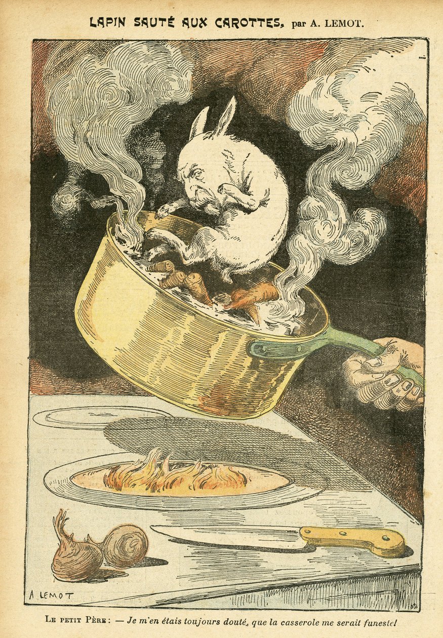 Illustrasjon av Achille Lemot (1846-1909) i Le Pelerin, 29.01.05 - Kaninjumte med gulrøtter - Arkivkoffert, Gastronomikjøkken - Combes Emile (1835-1921), Kanin - Kasserolle - Matmetafor, Animalisering av Achille Lemot