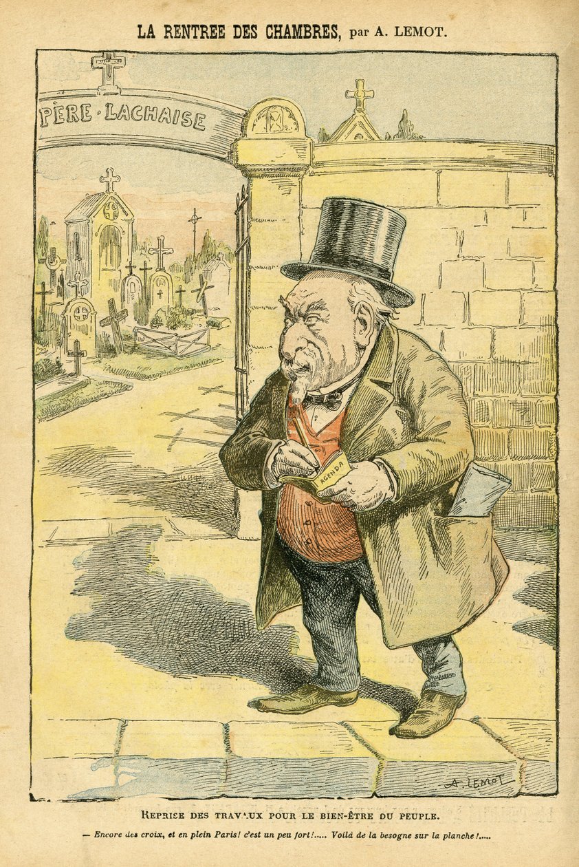 Illustrasjon av Achille Lemot (1846-1909) i Le Pelerin, 29/05/04 - La rentree des rooms - Religion Faith, Cemetery, Bloc des lefches, Mourning Obseques Funerailles, Pere Lachaise, katolsk katolisisme - Laicisering av det religiøse rom, Laicite Laiques av Achille Lemot