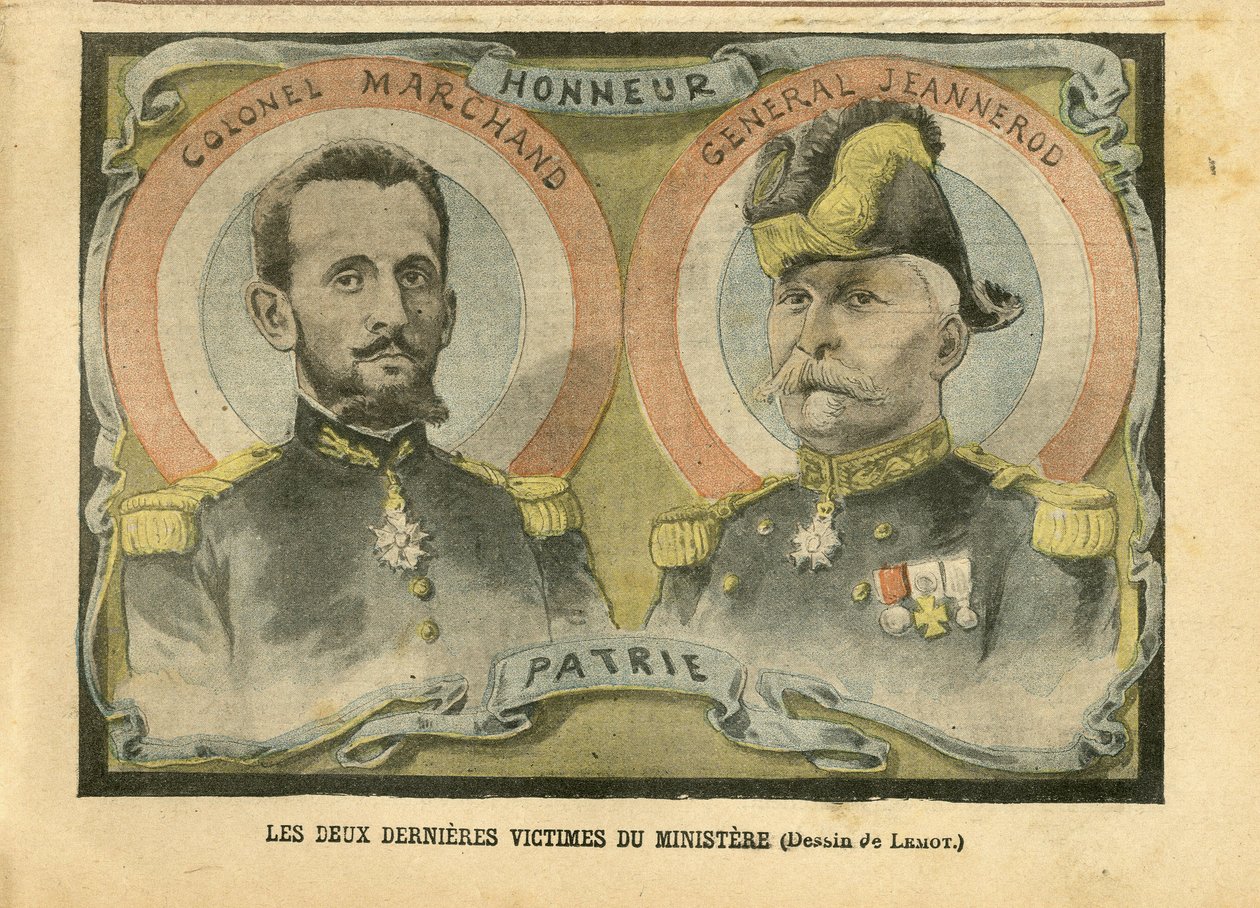Illustrasjon av Achille Lemot (1846-1909) i Le Pelerin, 29/05/04 - De to siste ofrene for departementet - Armee, Ministere de la guerre, Patriotisme - Laicization Laicite Sekulære lover - Marchand Jean-Baptiste (1863-1924) , General Generaux, Jeannerod Gas av Achille Lemot
