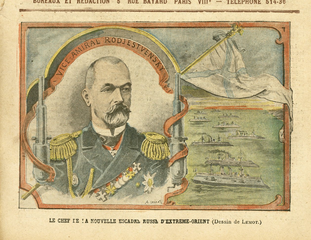 Illustrasjon av Achille Lemot (1846-1909) i Le Pelerin, 30/04/05 - Lederen for den nye russiske fjernøstenskvadronen - Russland, Armee, Navy Seaside, Krigsskip - Admiral Admirals, Rodjestvensky (Zinovi Rozhestvensky) av Achille Lemot