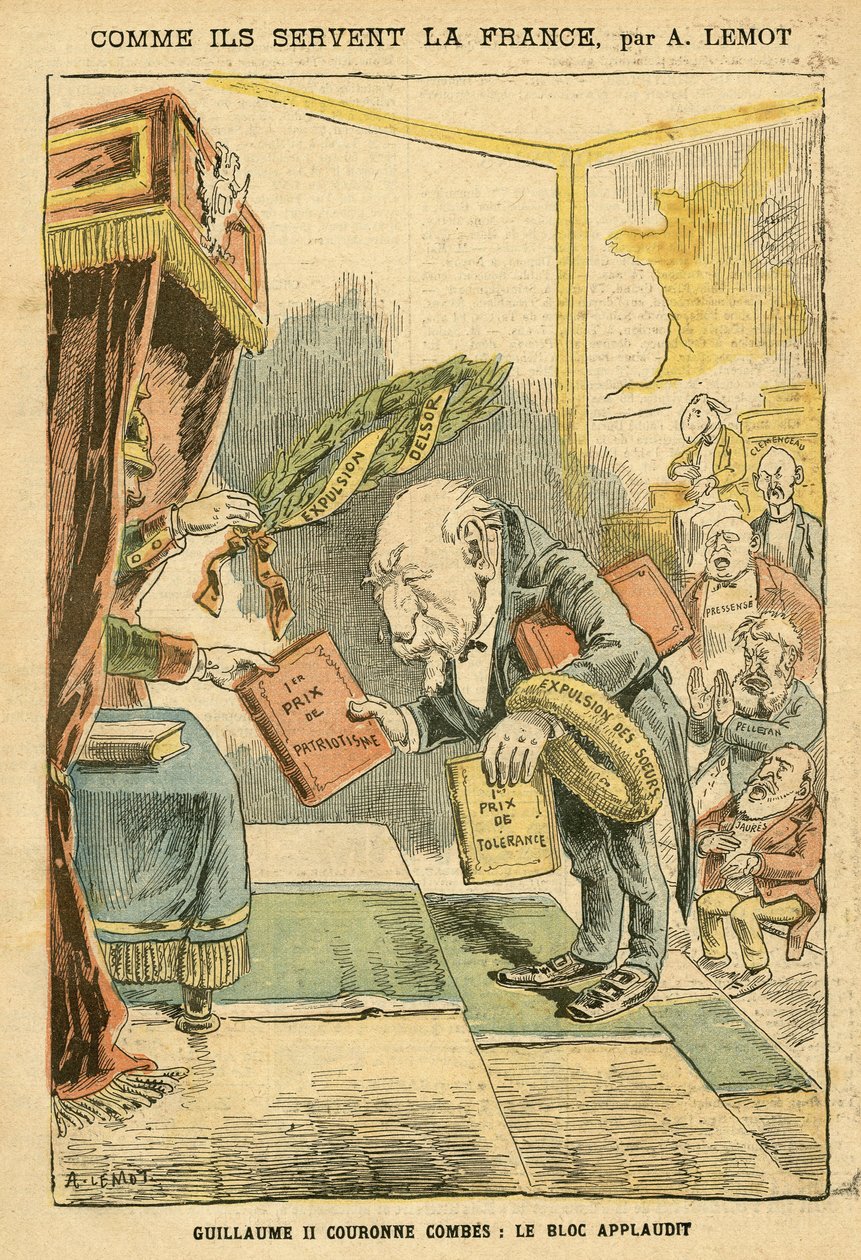 Illustrasjon av Achille Lemot (1846-1909) i Le Pelerin, 31/01/04 - Hvordan de tjener Frankrike - Tyskland Preussen, Religion Tro, Bloc des Left, Patriotisme, katolsk katolisisme - Utkastelser av religiøse - Combes Emile (1835-1921) , William II, Delsor Nic av Achille Lemot