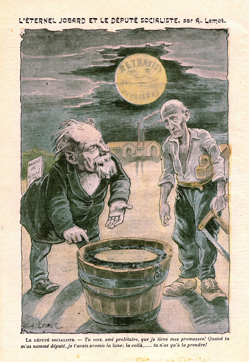 Sosialistisk stedfortreder som lover månen (pensjonering) til en fattig proletar (snekker), i Le Pelerin, katolsk ukeblad nr. 1391 av 30. august 1903 av A. Lemot (tegning) av Achille Lemot