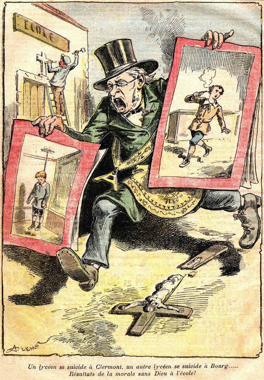 Resultatene: ett lyceen-selvmord i Clermont, et annet i Bourg: resultater av moral uten Gud på skolen! - Tegneserie av Achille Lemot (1846-1909) i Le Pelerin (1909) - motstand mot Laique og religiøs undervisning (katolsk) - en tjenestemann i republikken we av Achille Lemot